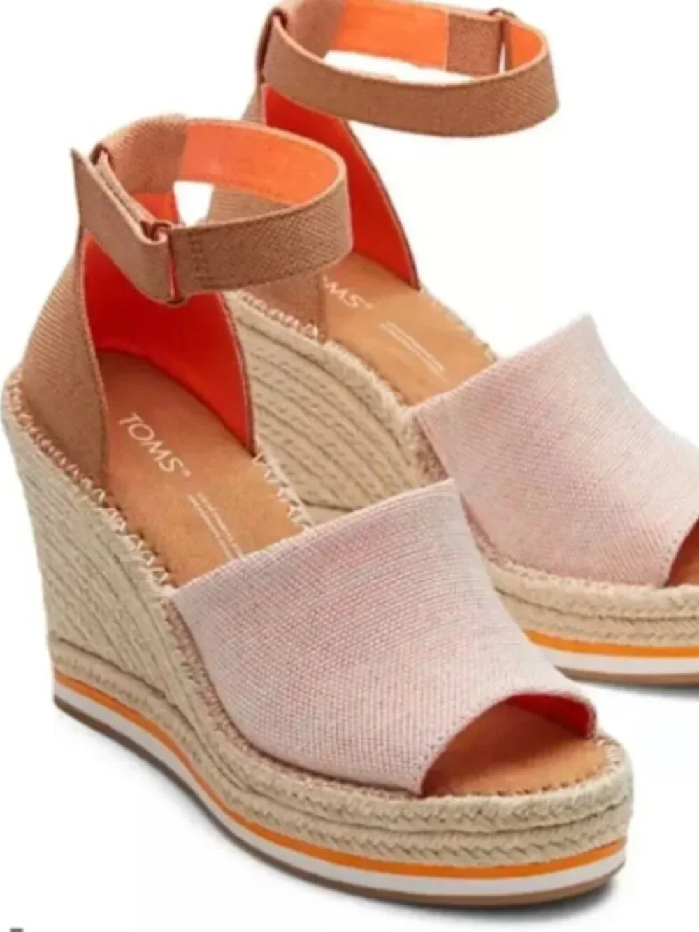 TOMS Pink Canvas Espadrille Wedge Sandals with Tan Ankle Strap